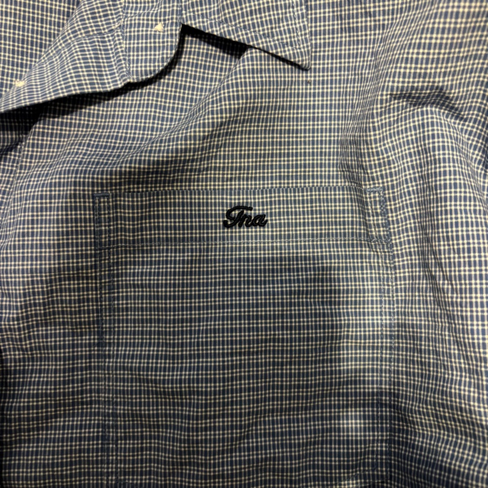 Aritzia TNA Plaid Cotton Cropped Blue Button Down Long Sleeve - Picture 6 of 8